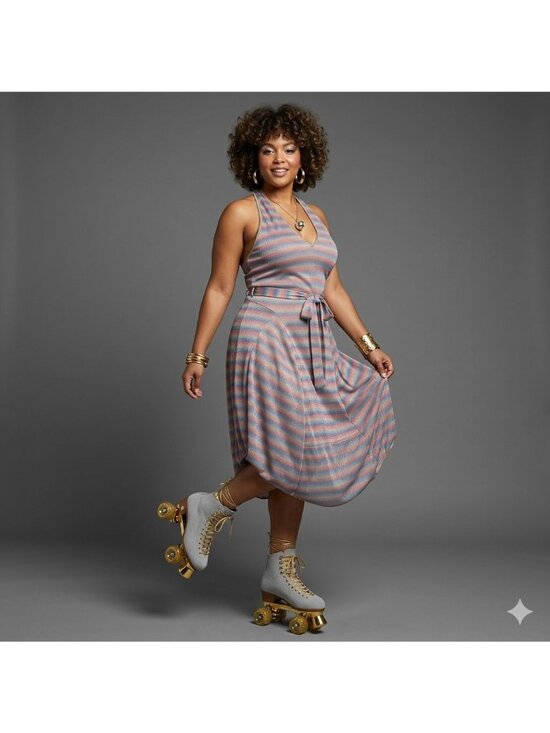 Samuel Dong Size M/L Striped Halter Midi Dress Handkerchief Hem & Metallic Sheen - Picture 9 of 15